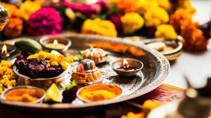 Close-up of a traditional thali decorated with sweets, fruits, and diyas, placed on a beautifully arranged table adorned with marigold flowers and decorative items for Diwali puja