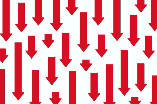 Decreasing concept. A series of vibrant red arrows pointing downward against a clean white backdrop. For decline, reduction, negative trends concepts.