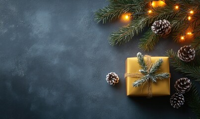 A gold box with a white ribbon sits on a dark blue background