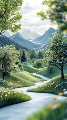 Obraz premium Geometric Serenity, a minimal low-poly landscape featuring stylized trees and rolling hills, evoking tranquility and modern simplicity