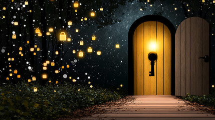 A giant keyhole in the center of a vast matrix of digital data, with tiny padlocks locking and unlocking as streams of encrypted information flow in. The keyhole glows as data passes through 