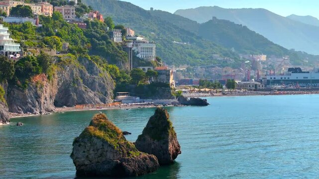 Panoramic view of Vietri sul Mare from Salerno, Italy, The Amalfitana is an Italian coastal road in the province of Salerno that leads from Meta di Sorrento to Vietri sul Mare, Beautiful view 