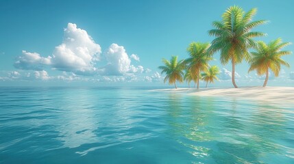 Tropical Coastline Serenity, a vibrant low-poly landscape featuring serene waters and swaying palm trees in a minimalist design