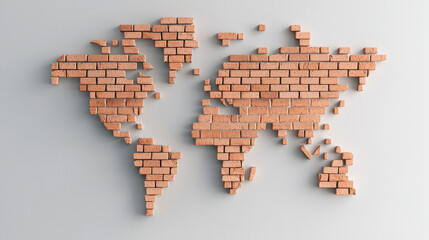 Obraz premium world map created from brick walls, symbolizing division and barriers. unique design showcases continents formed by individual bricks, evoking sense of separation and structure