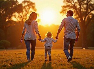 Family Walking Hand in Hand at Sunset &ndash; A Symbolic Photo of Happiness, Love, and Family Bonds