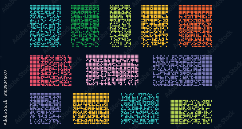 Aufkleber pixel disintegration on dark backgrounds. dispersed dotted pattern. retro 8 bit game effect. mosaic 