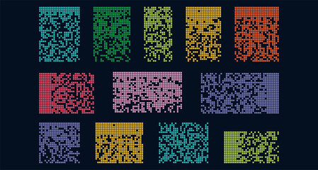 Pixel disintegration on dark backgrounds. Dispersed dotted pattern. Retro 8 bit game effect. Mosaic texture with simple particles. Vector illustration on background