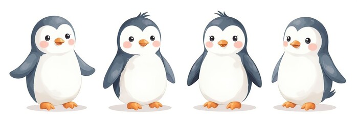 Naklejka premium Penguin cartoon character watercolor element set on transparent background