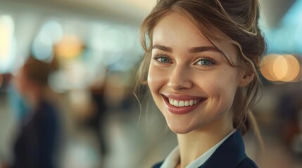 Fototapeta premium Detailed flight attendant greeting passengers with a warm smile on an international flight ultra-clear image