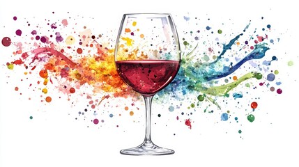 Abstract wine art, a glass of red wine with colorful paint splats modern artistic photography