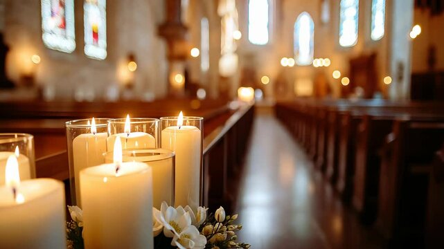 Burning Candles With White Freesia Flowers in Church: A Serene Video of Faith, Hope, and Love