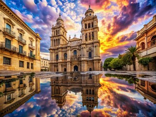 Naklejka premium Surreal Malaga Cathedral Tower in Dreamy Landscape – Artistic Photography