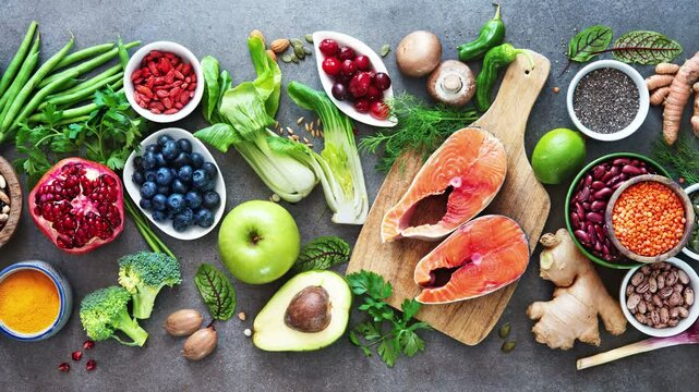 Balanced diet food background. Organic food for healthy nutrition