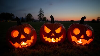Glowing Jack-o'-Lanterns Illuminated at Sunset with a Gradual Fade into Darkness