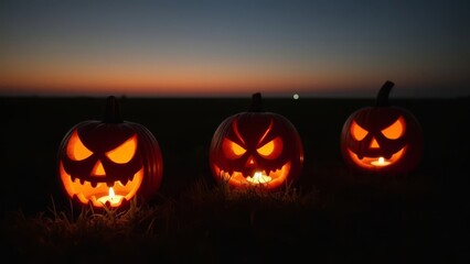 Glowing Jack-o'-Lanterns Illuminated at Sunset with a Gradual Fade into Darkness