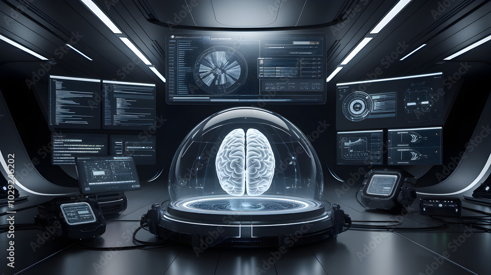 Poster the brain of the future: a futuristic high-tech lab with a glass dome encasing a digital brain, surr