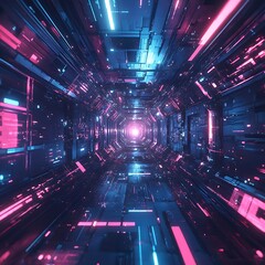 A futuristic tunnel with vibrant blue and pink lights, creating a sci-fi ambiance.