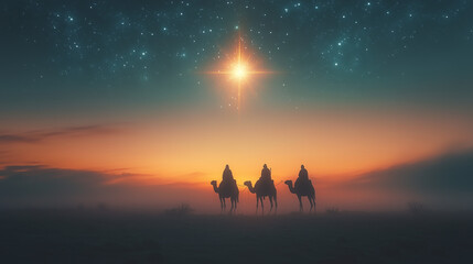 Three kings day. Melchior, Caspar and Balthazar. Night background with the star of Bethlehem.
