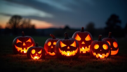 Glowing Jack-o'-Lanterns Illuminated at Sunset with a Gradual Fade into Darkness