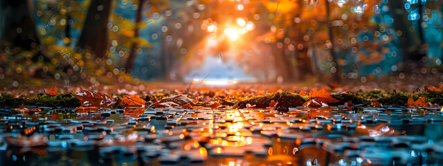 A serene autumn scene featuring vibrant orange leaves on a reflective surface, creating a warm and tranquil atmosphere.