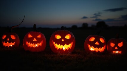 Glowing Jack-o'-Lanterns Illuminated at Sunset with a Gradual Fade into Darkness