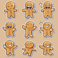 Vector sticker set of funny gingerbread man cookie in christmas