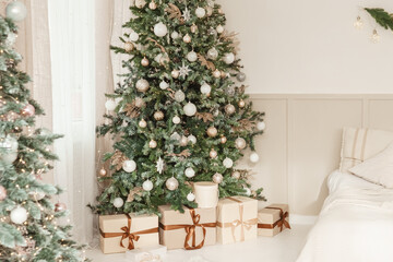 Interior bedrooms in Scandinavian style, decorated for the Christmas holidays. Live ate in the interior.