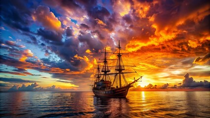 Obraz premium Surreal Pirate Ship Sunset Journey - High Dynamic Range Fantasy Sailing Scene