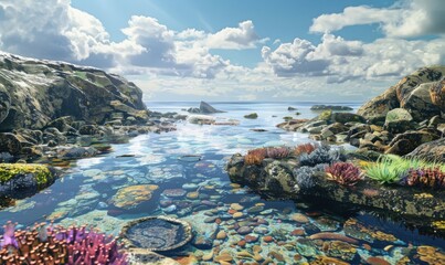 Rocky shore with tidal pools and colorful sea life, 4K hyperrealistic photo