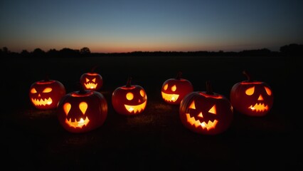 Glowing Jack-o'-Lanterns Illuminated at Sunset with a Gradual Fade into Darkness