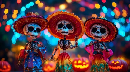 Fototapeta premium Colorful Halloween Skeletons with Friends Celebrating