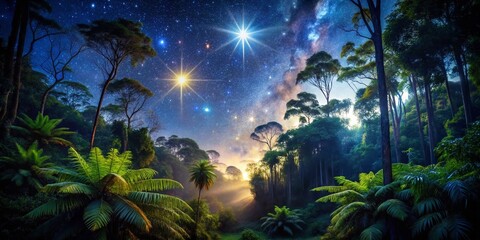 Obraz premium Surreal Queensland Rainforest with Glowing Twinkling Star Motion Graphics on Black Background