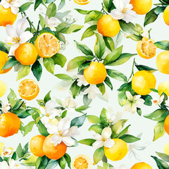 Vibrant watercolor pattern of oranges and blossoms on a soft mint background