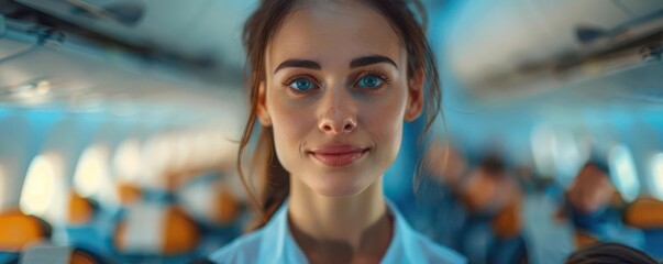 Realistic flight attendant demonstrating safety procedures in an airplane aisle high-definition detail