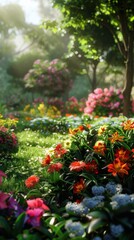 Lush green garden with a variety of blooming flowers, 4K hyperrealistic photo