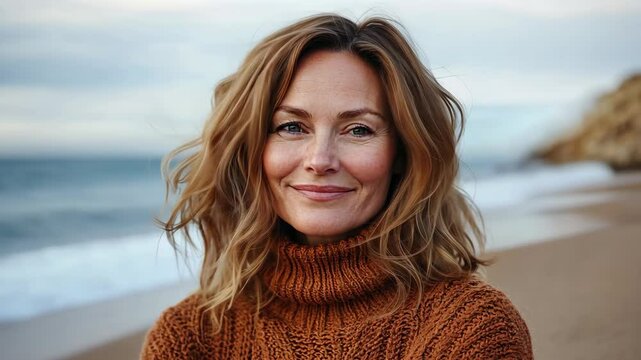 A woman in a brown sweater smiles at the camera on a sandy beach with the ocean in the background