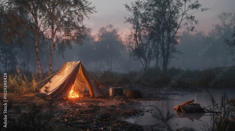 Poster A Campsite in a Misty Forest with a Burning Fire