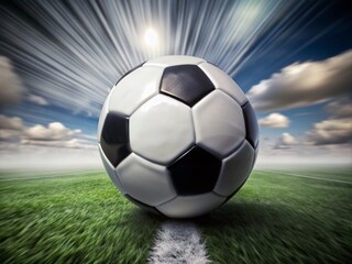 Obraz premium Surreal Soccer Ball in Motion on Green Grass with Blue Background for Creative Edits