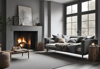 Fototapeta premium A grey daybed sofa positioned against the fireplace enhances the rustic Scandinavian home interior design of a modern living room.