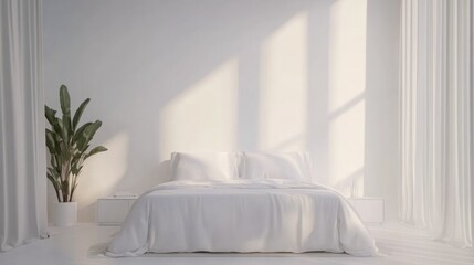 Clean and stylish double bed in a modern bedroom, minimal decor, white background