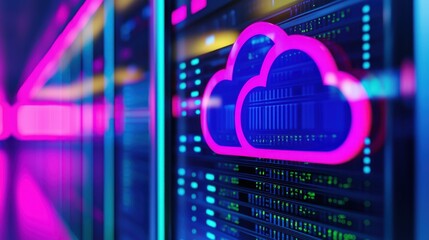 Colorful cloud storage icon on a digital data center background.