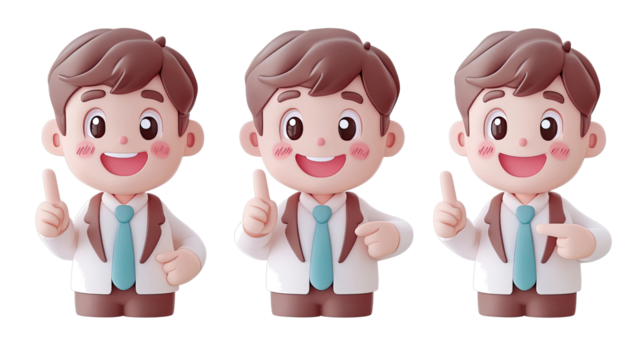 Kawaii Cartoon Men Icons Smiling and Pointing on a White Background Generative AI