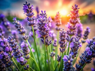 Fototapeta premium Close-up of Blooming Lavender Flowers in Purple Background for Stunning Portrait Photography
