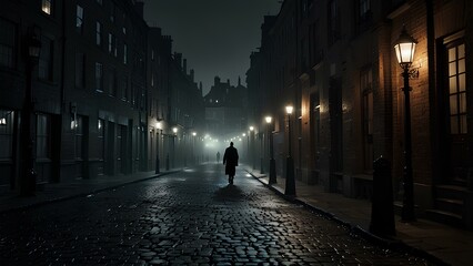 Mysterious Figure in the Mist: Ominous Shadow on Desolate Cobblestone Street