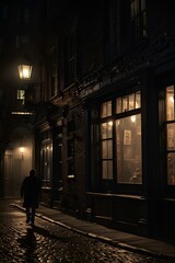 Fototapeta premium Mysterious Figure in the Mist: Ominous Shadow on Desolate Cobblestone Street
