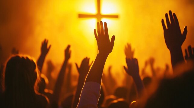 Christian Congregation hands Worship God together in front of wooden cross in cloudy sky, conceptual image of praise and worship