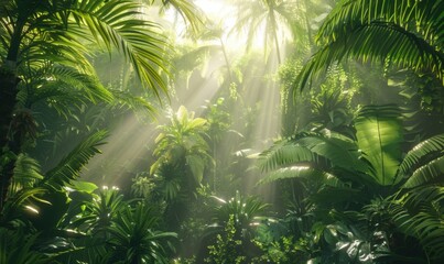 Lush tropical rainforest with sunlight filtering through dense foliage, 4K hyperrealistic photo