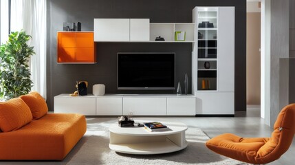 Contemporary home decor in a small living room, utilizing smart storage and modern design