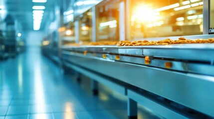 Large-scale food production facility with automated machinery preparing ready-made meals, food processing