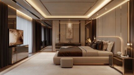 Contemporary interior design for a modern bedroom with sleek furniture and subtle decor